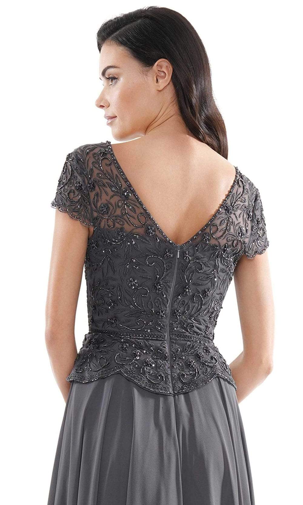 M243 Short Sleeve Embroidered Peplum Chiffon Gown