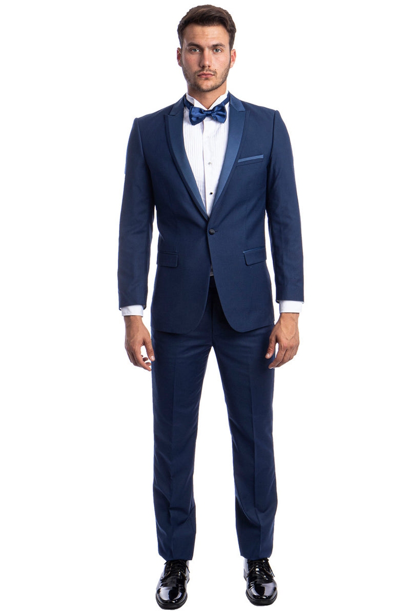 Men’s Slim Fit One Button Satin Trim Peak Lapel Prom & Wedding Tuxedo in Cobalt Blue