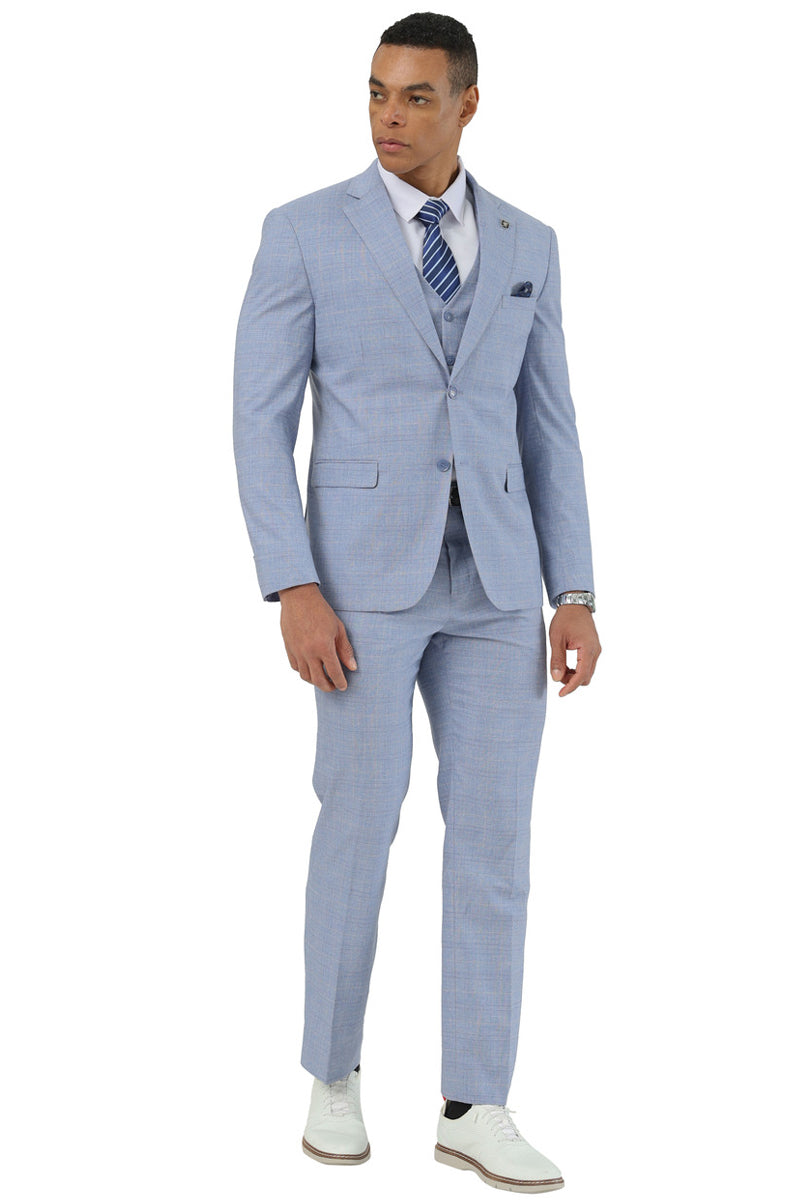 Men’s Stacy Adams Two Button Vested Summer Suit in Light Blue Glen Plaid