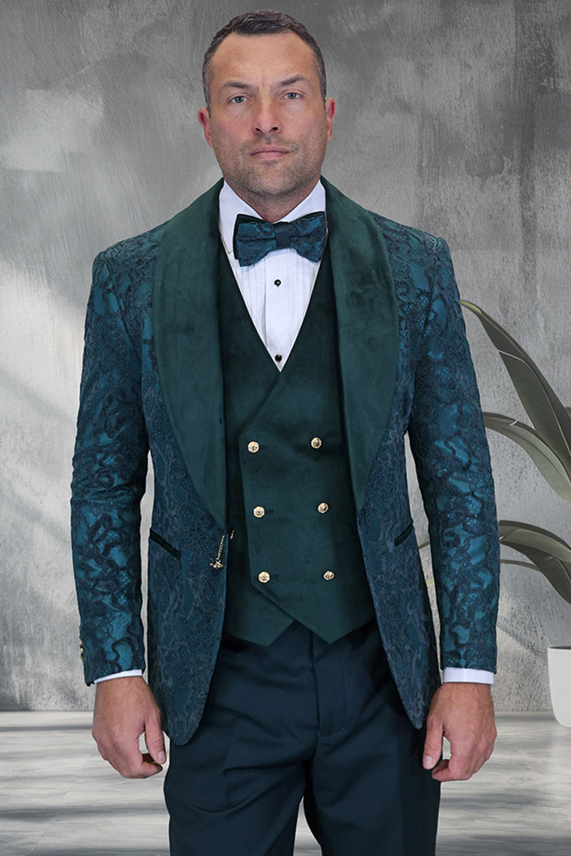 Men’s Tonal Paisley Wedding & Prom Tuxedo with Velvet Lapel & Vest in Hunter Green