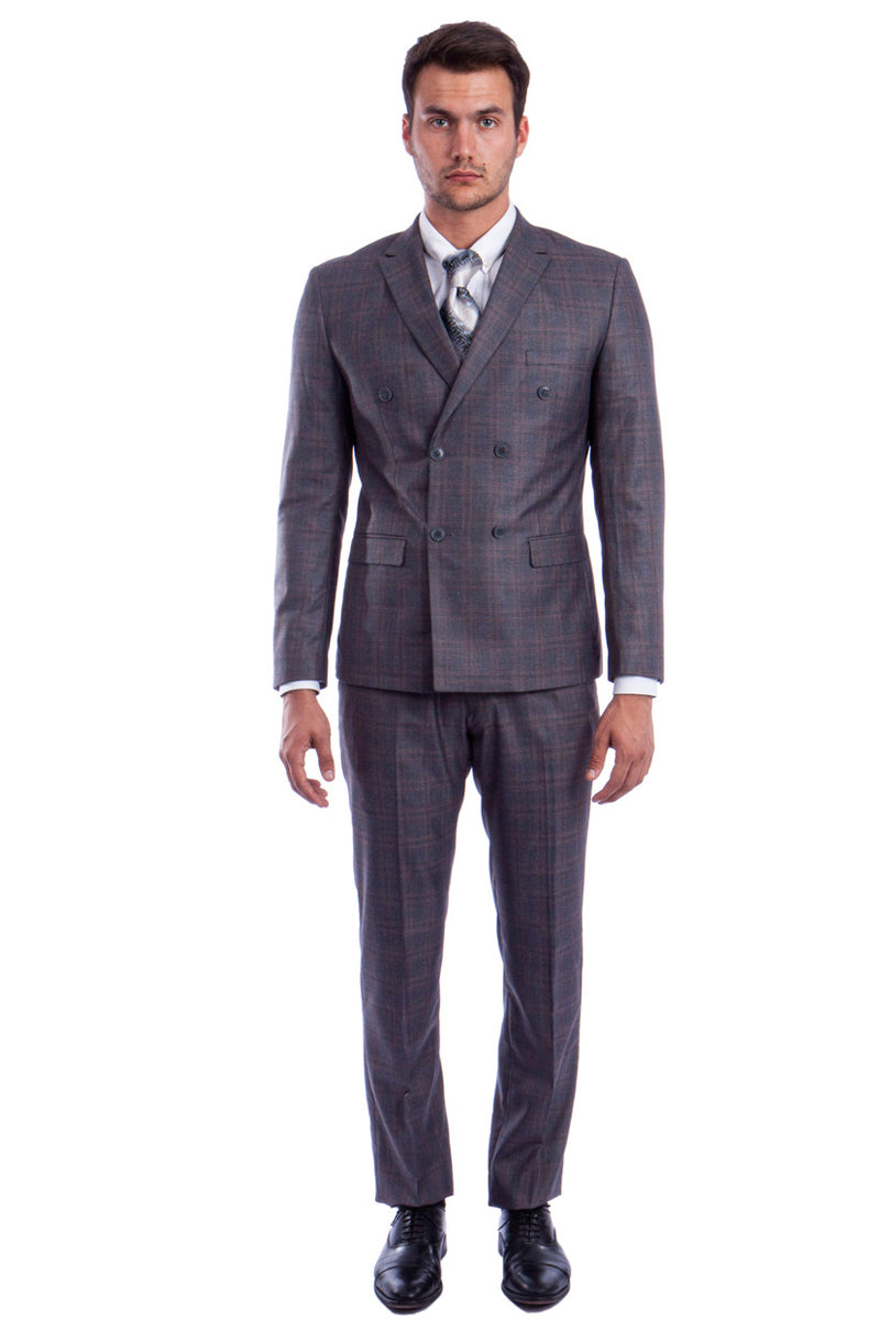 Men’s Slim Fit Double Breasted Glen Plaid Suit in Charcoal Grey