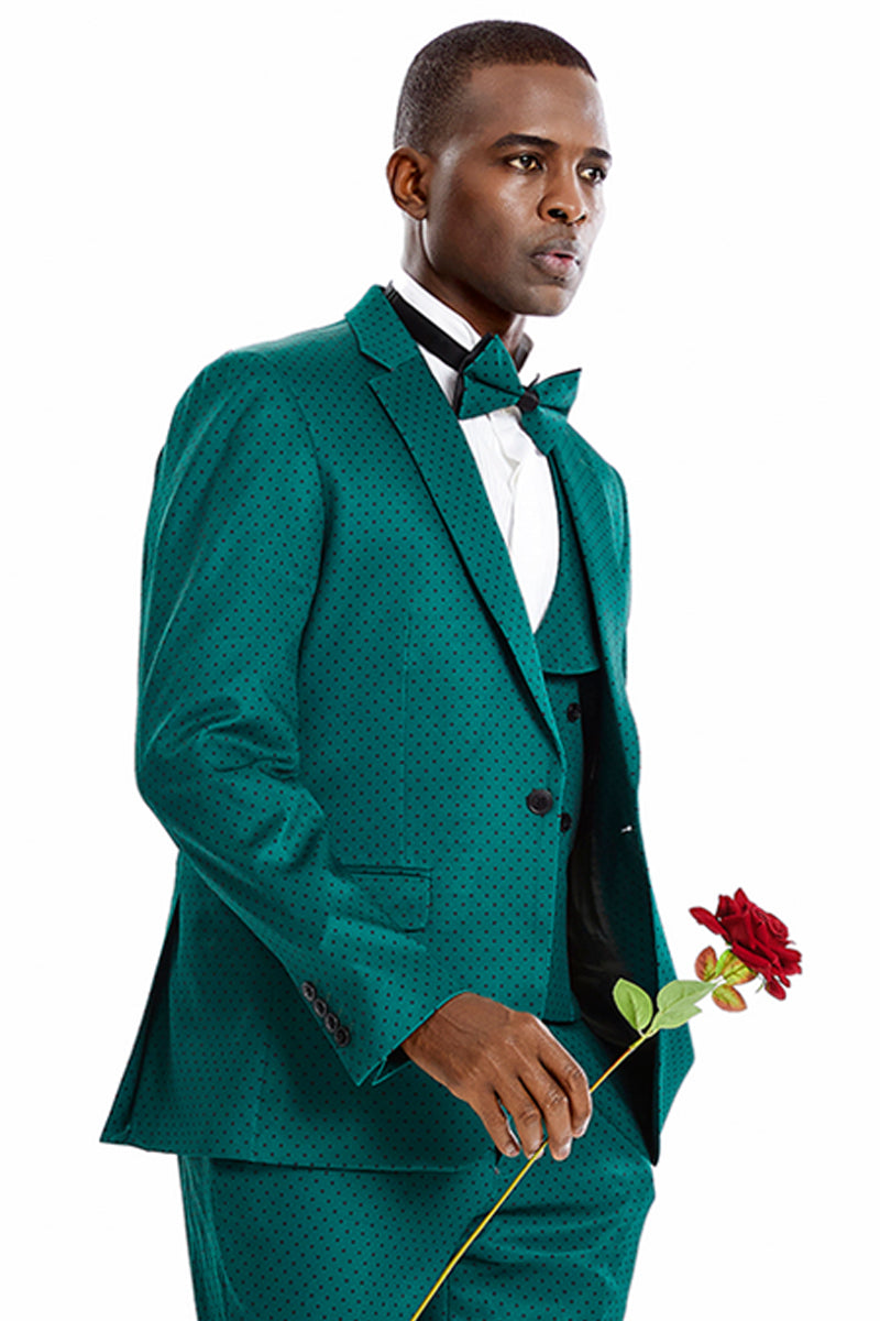 Men’s One Button Vested Mini Polka Dot Prom Suit in Green & Black