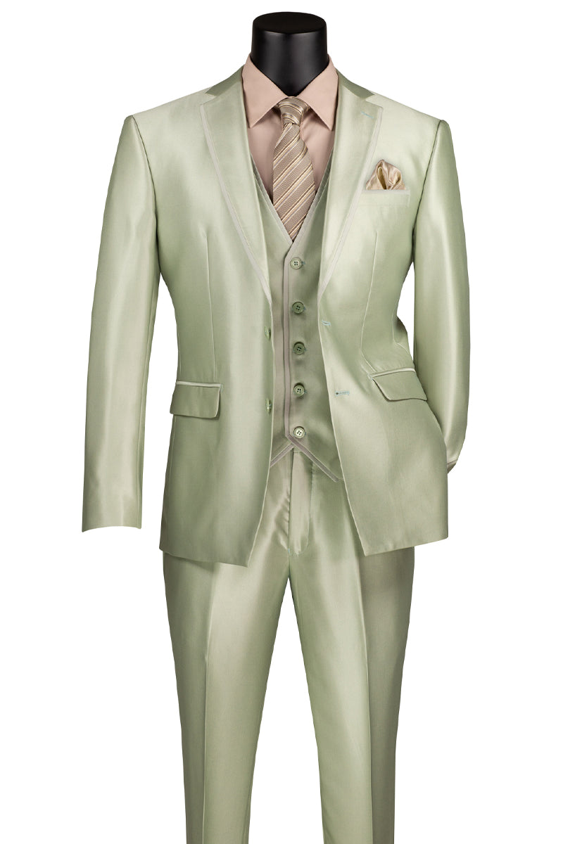Men’s Vested Slim Fit Shiny Sharkskin Wedding & Prom Tuxedo Suit in Light Sage Green