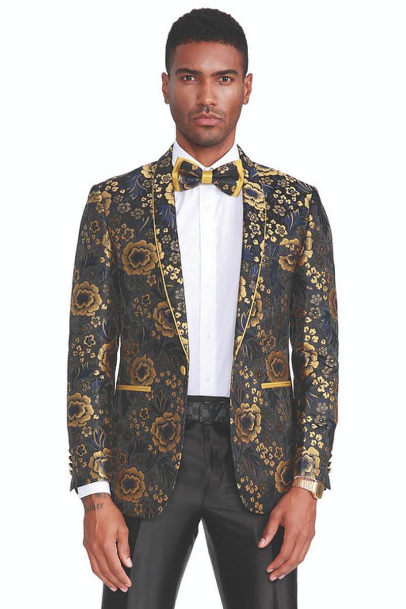 Men’s Slim Fit Prom Dinner Jacket in Black & Gold Floral Paisley