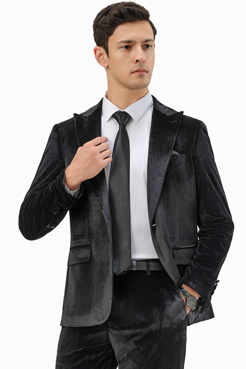 Men’s Slim Fit One Button Velvet Wedding & Prom Suit in Black