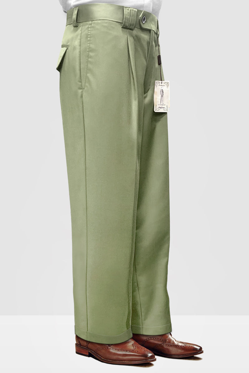 Men’s Designer Wool Pleated Wide Leg Dress Pants in Apple Green