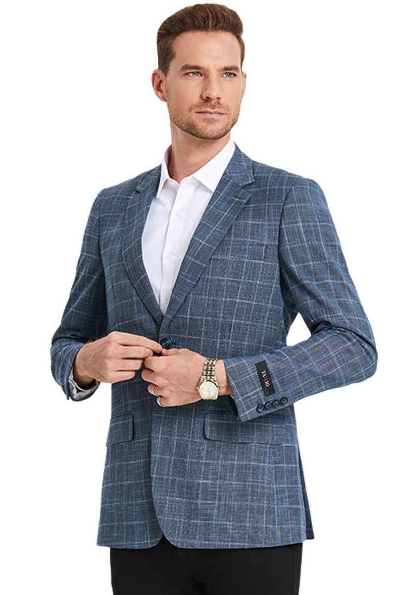 Men’s Slim Fit Business Casual Windowpane Plaid Sport Coat in Denim Blue