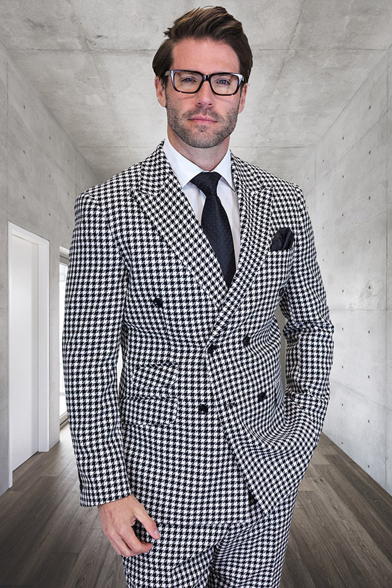 Men’s Designer Wool Double Breasted Suit in Black & White Houndstooth