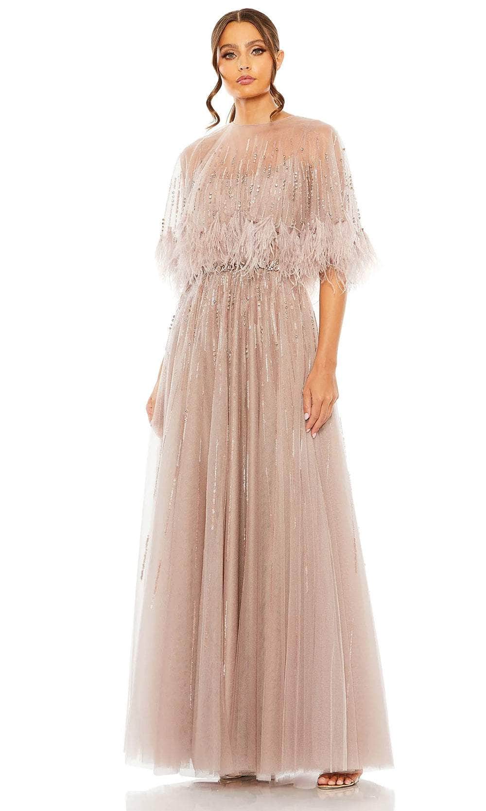 Feather Detail Cape Evening Dress