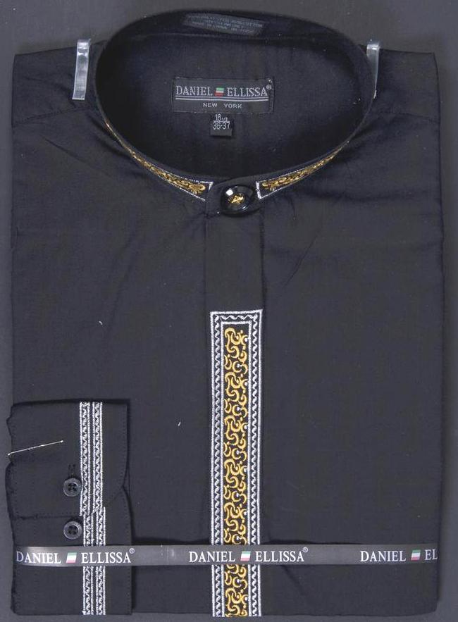 Men’s Banded Collar Dress Shirt in Black with Gold Embroidery