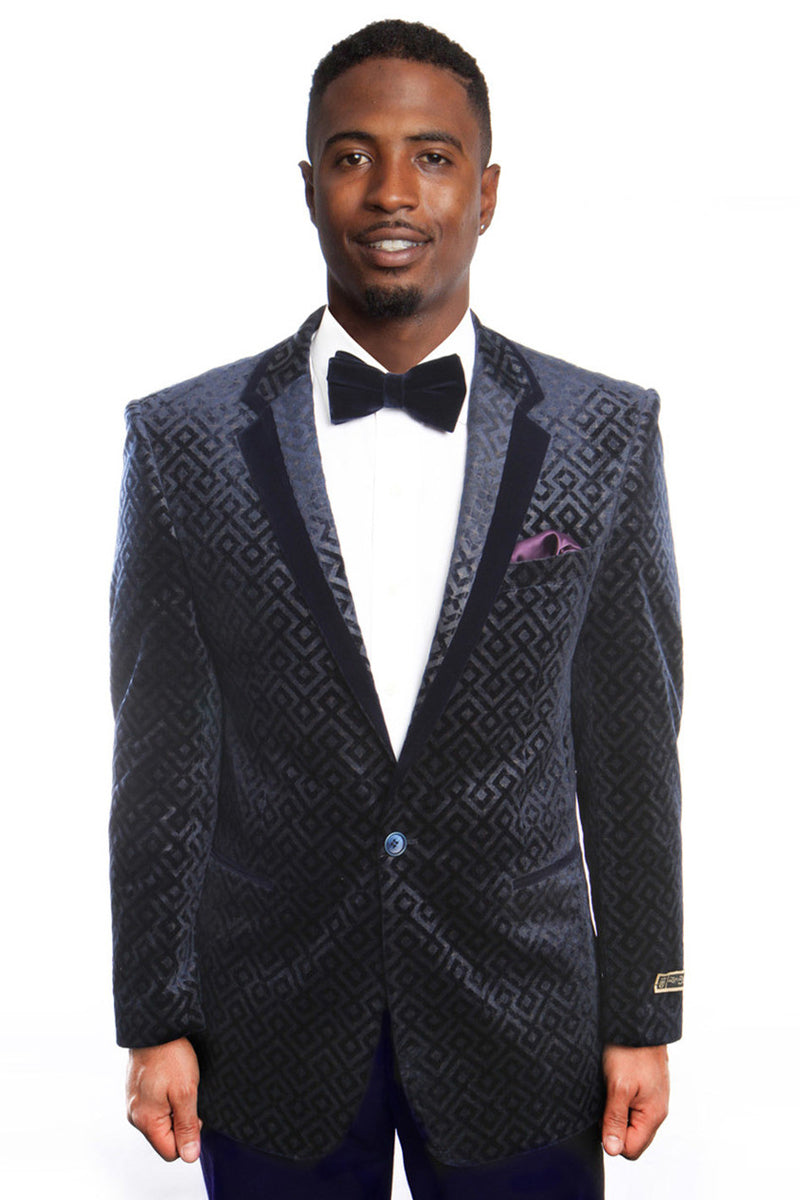 Men’s Diamond Print Retro Velvet Prom Tuxedo Jacket in Navy