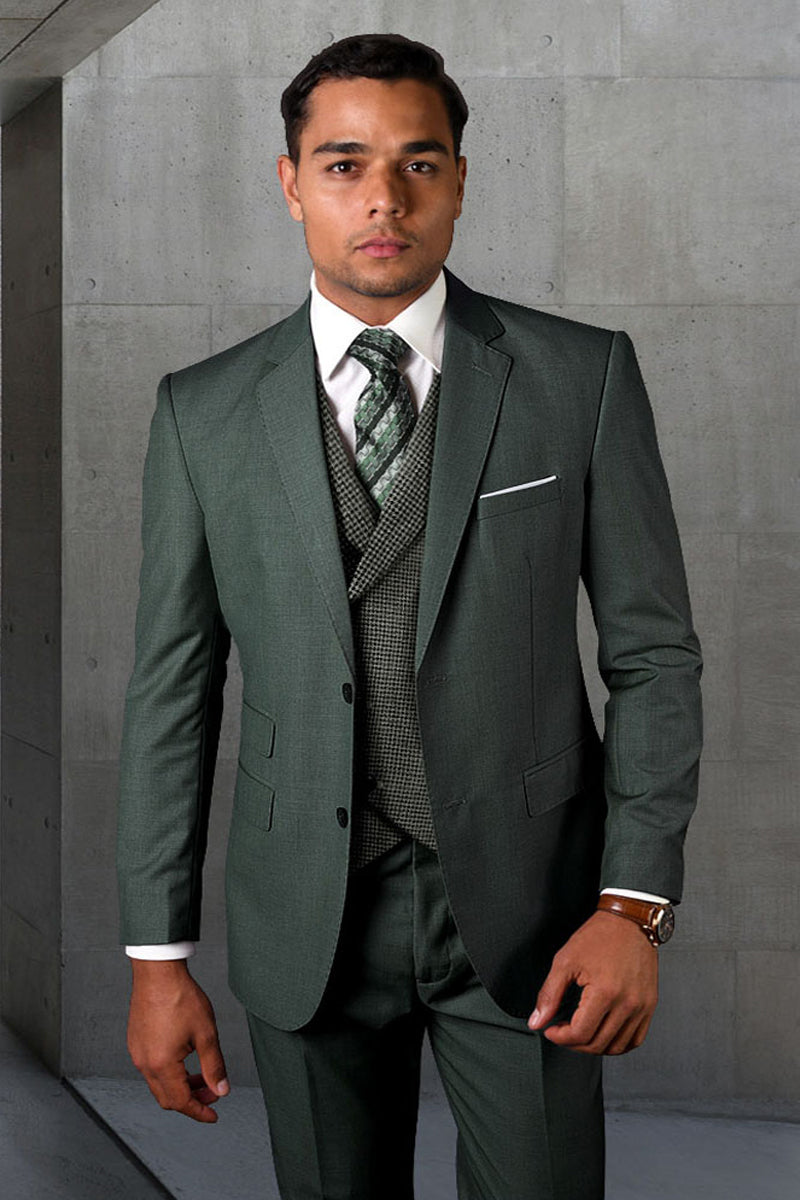 Men’s Designer Two Button Wool Suit in Hunter Green with Micro Plaid Double Breasted Vest