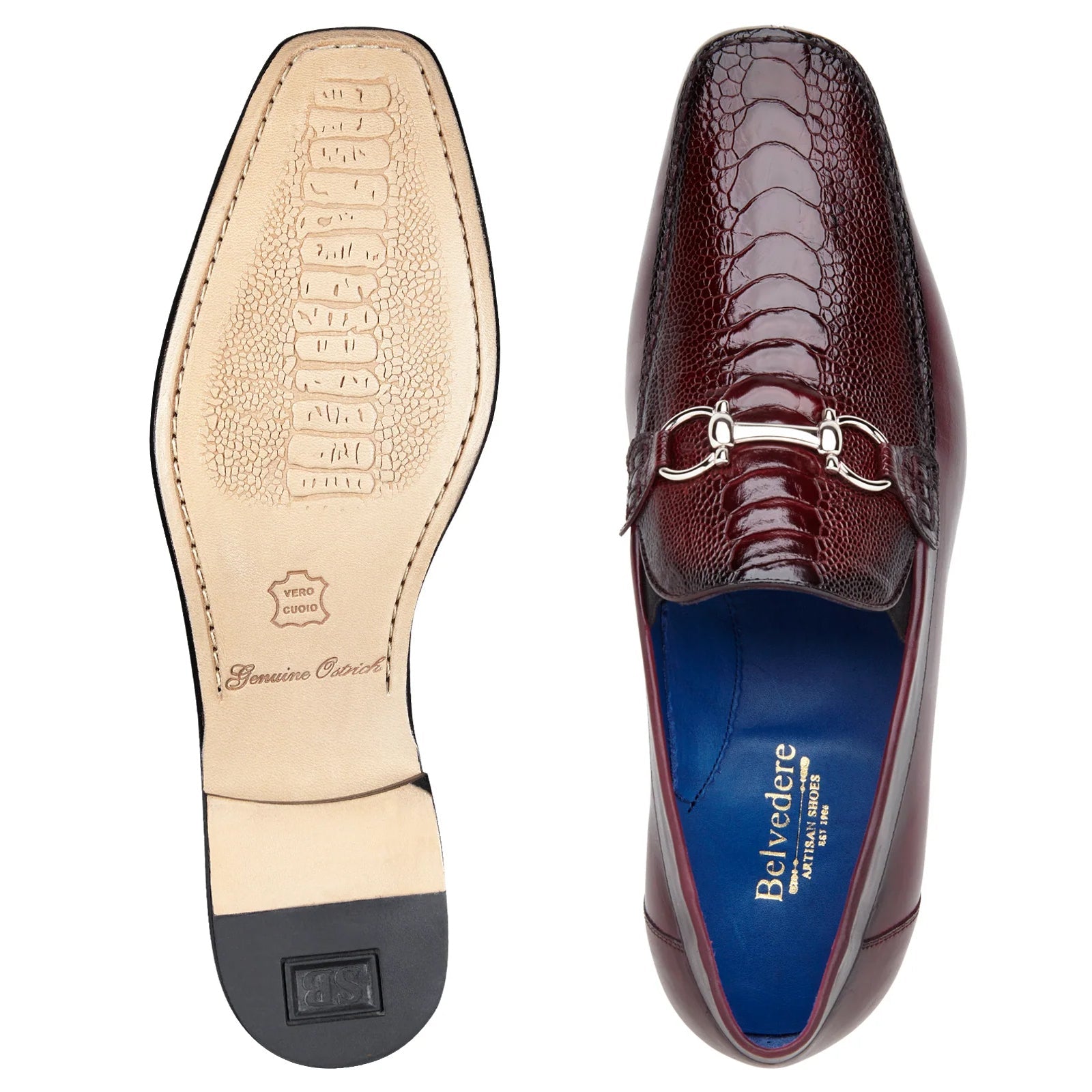 Men’s Belvedere Bruno Calfskin & Ostrich Leg Buckle Loafer in Burgundy