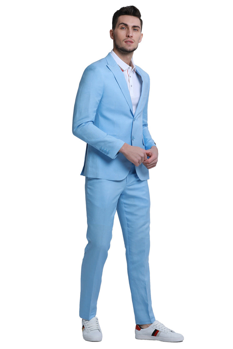 Men’s Two Button Peak Lapel Summer Linen Style Beach Wedding Suit in Baby Blue