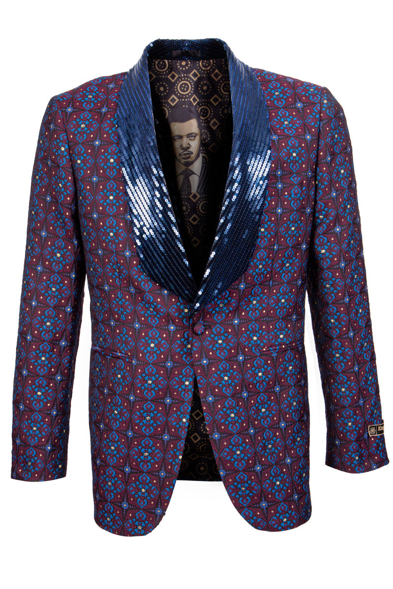 Men’s Morrocan Print Tuxedo Jacket with Sequin Lapel in Blue & Red