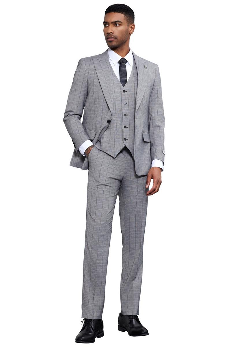 Men’s Stacy Adams Modern Fit Vested Tonal Windowpane Plaid Suit in Light Grey