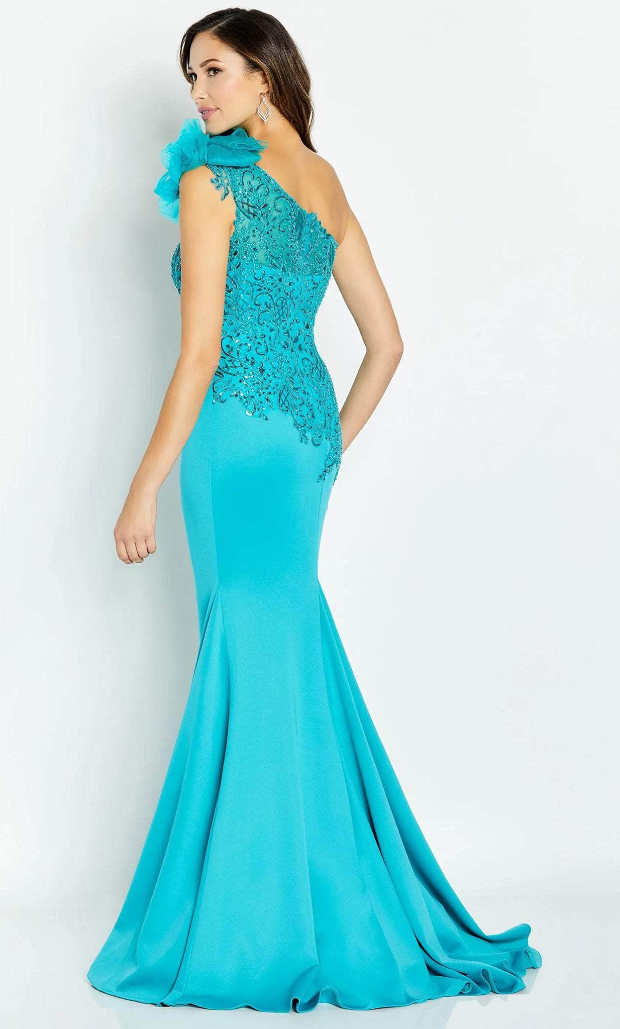 Asymmetrical Appliqued Formal Gown