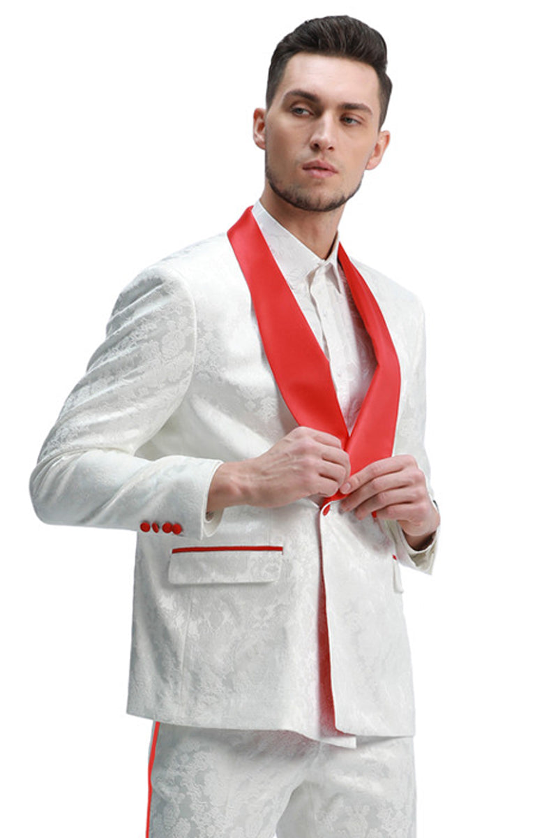 Men’s Slim Fit Double Breasted Paisley Smoking Jacket Prom & Wedding Tuxedo in White & Red