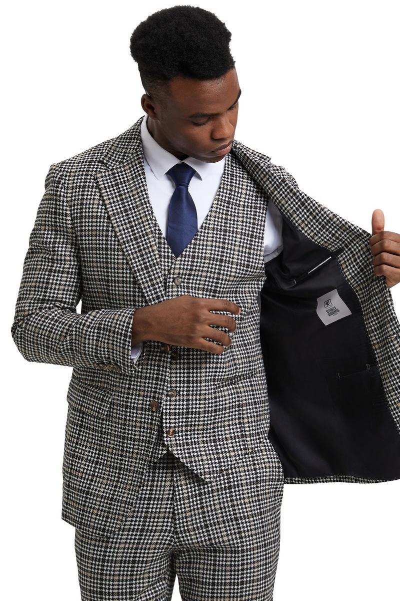 Men’s Stacy Adams Vested Modern Fit Houndstooth Glen Plaid Suit in Grey & Green