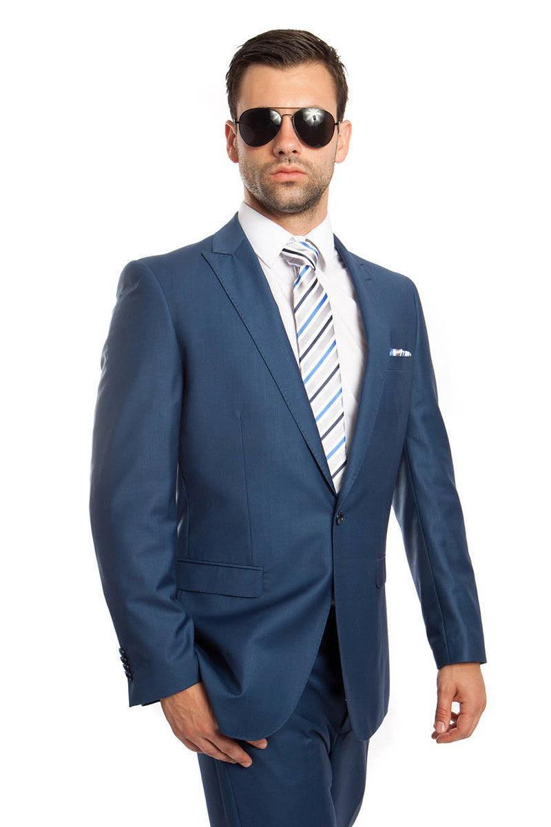 Men’s Slim Fit One Button Peak Lapel Suit in Indigo Blue