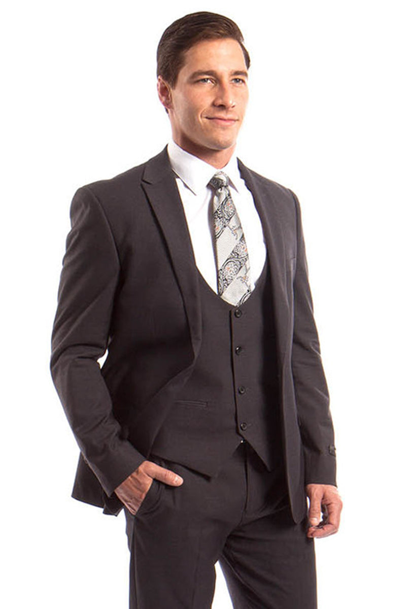 Men’s One Button Peak Lapel Skinny Wedding & Prom Suit with Lowcut Vest in Dark Grey