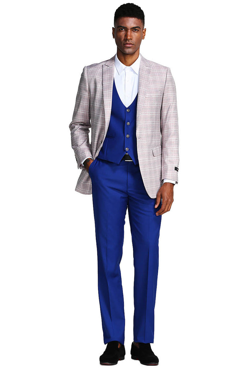 Men’s One Button Peak Lapel Grey & Blue Glen Plaid Suit with Double Breasted Vest