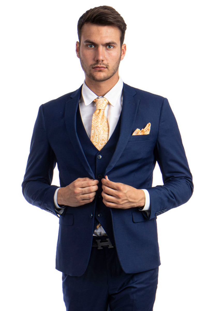 Men’s Two Button Slim Fit Vested Solid Basic Color Suit in Indigo Blue