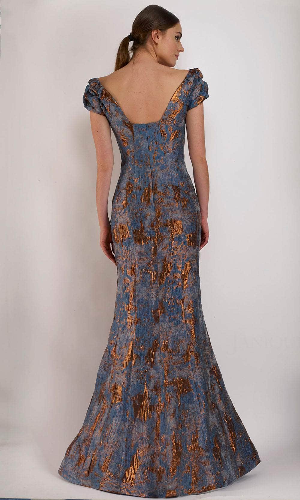 66721 Ruched Cap Sleeve Jacquard Mermaid Gown