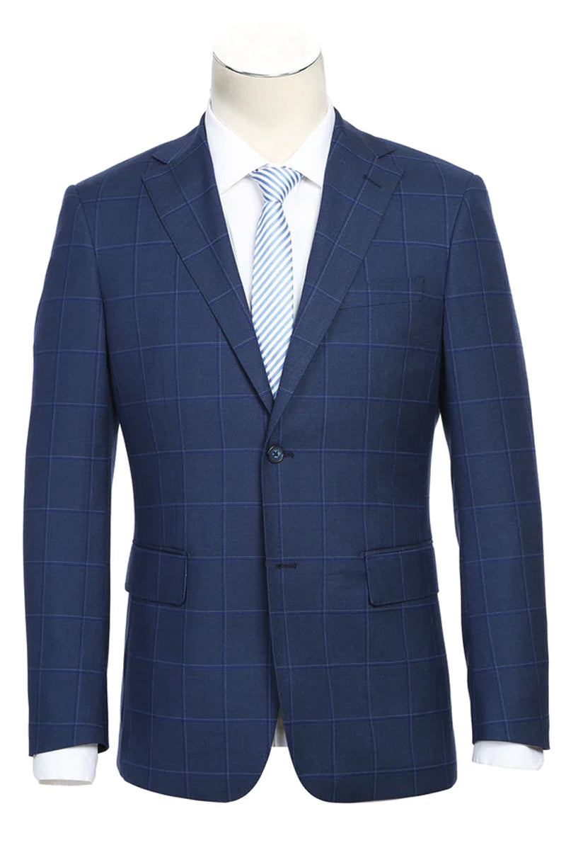 Mens Designer Two Button Slim Fit Notch Lapel Suit in Dark Navy Blue Windowpane Plaid Check
