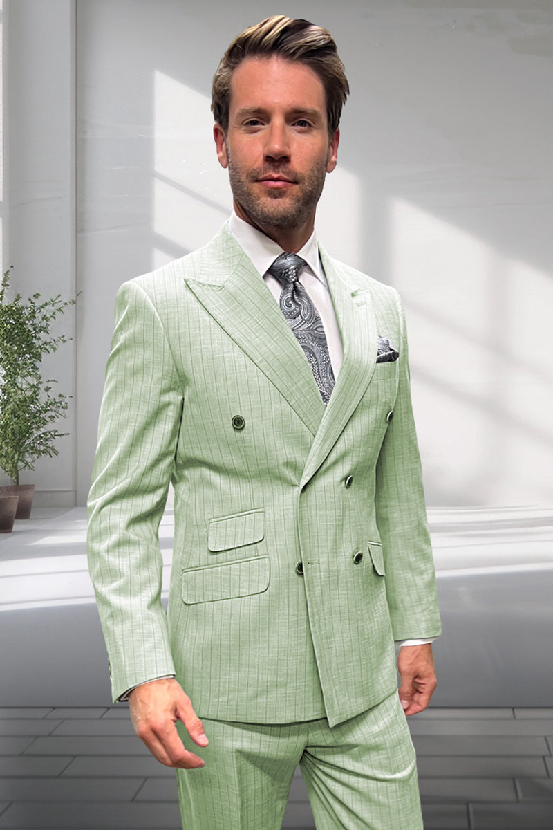 Men’s Designer Double Breasted Summer Wool Suit in Mint Green Pinstripe