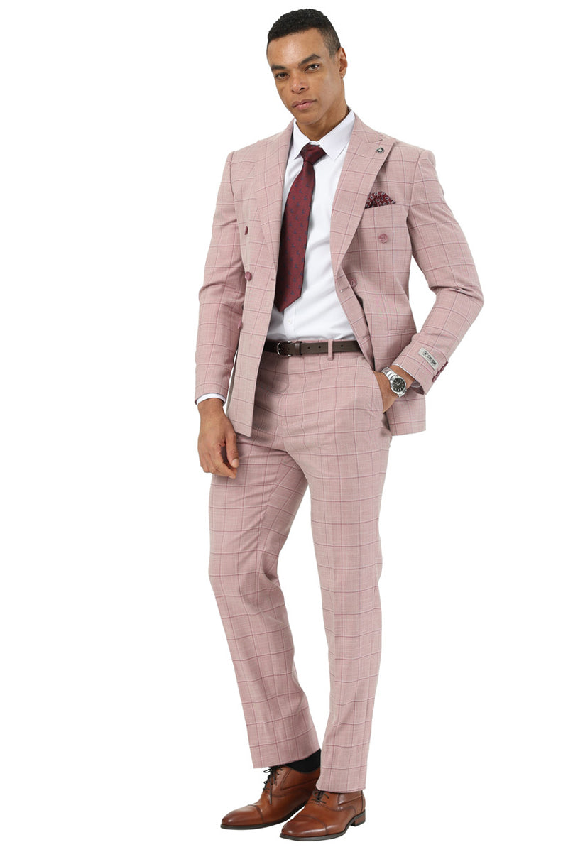 Men’s Stacy Adams Double Breasted Summer Suit in Pink Windowpane Plaid