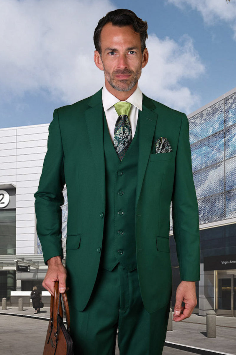 Men’s Designer Vested Modern Fit Wool Wedding & Business Suit in Forest Green