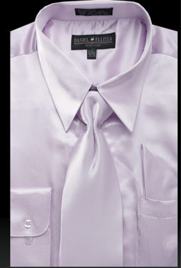 Men’s Regular Fit Shiny Satin Dress Shirt, Tie & Pocket Square Set in Lilac Lavender
