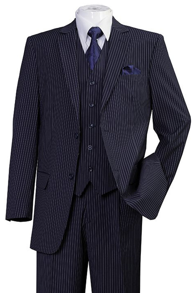 Mens 2 Button Vested 1920’s Bold Gangster Pinstripe Suit in Navy