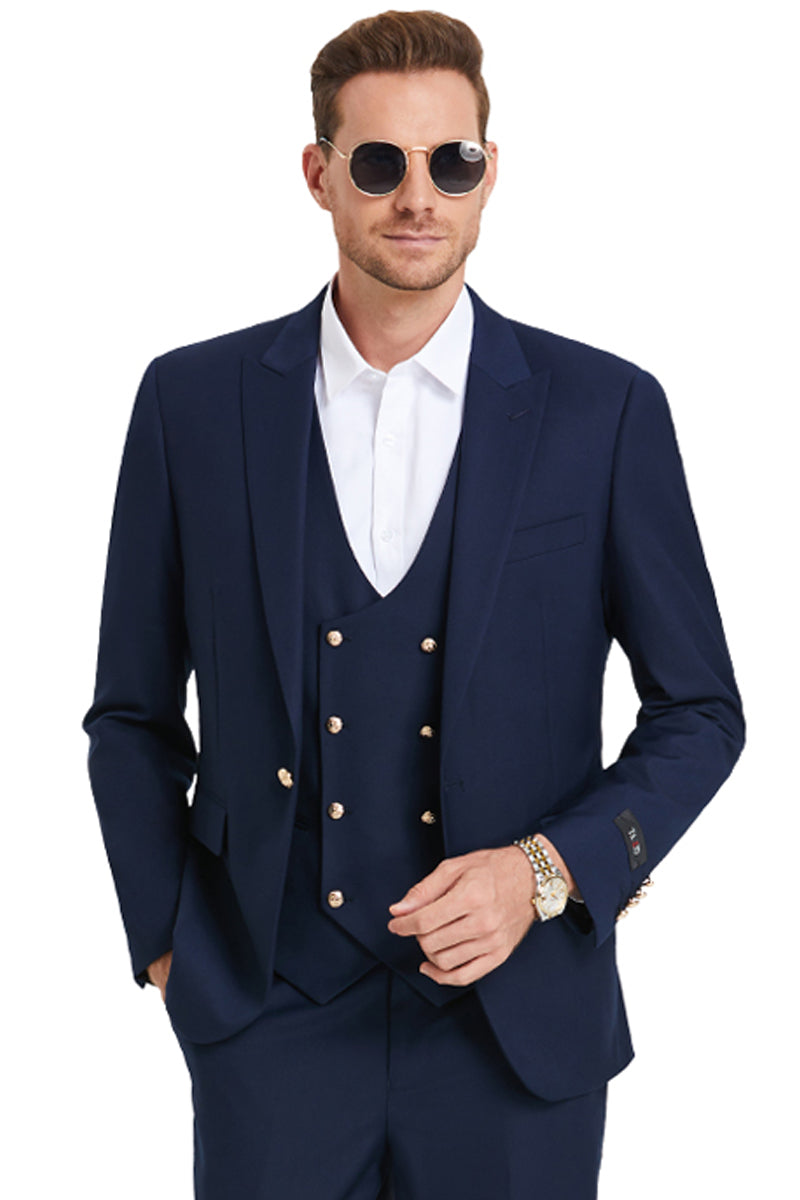 Men’s One Button Peak Lapel Vested Suit with Gold Buttons in Navy Blue