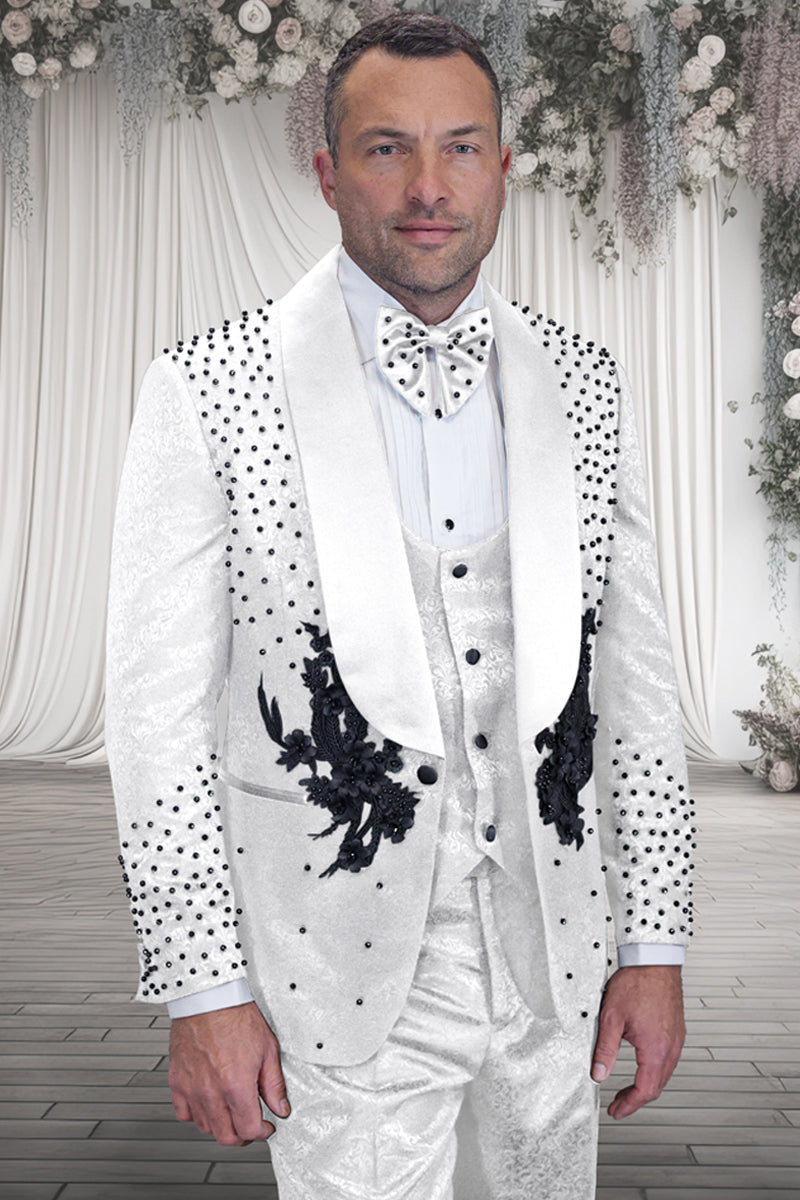 Men’s Designer High Fashion Vested Studded Floral Paisley Prom & Wedding Tuxedo in White & Black