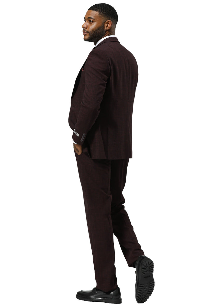 Men’s Stacy Adams One Button Peak Lapel Vested Sharkskin Suit in Burgundy
