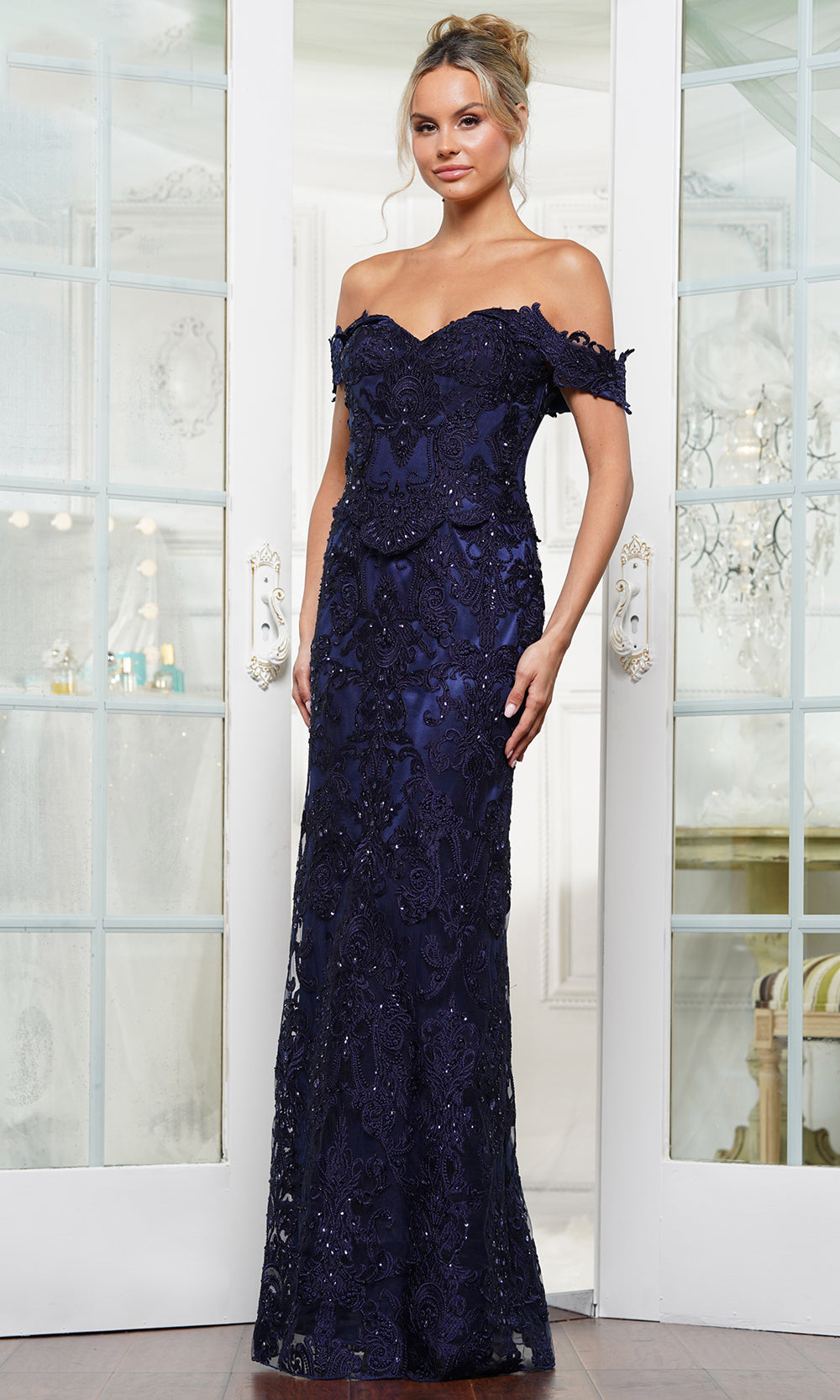 Scalloped Peplum Off Shoulder Formal Gown