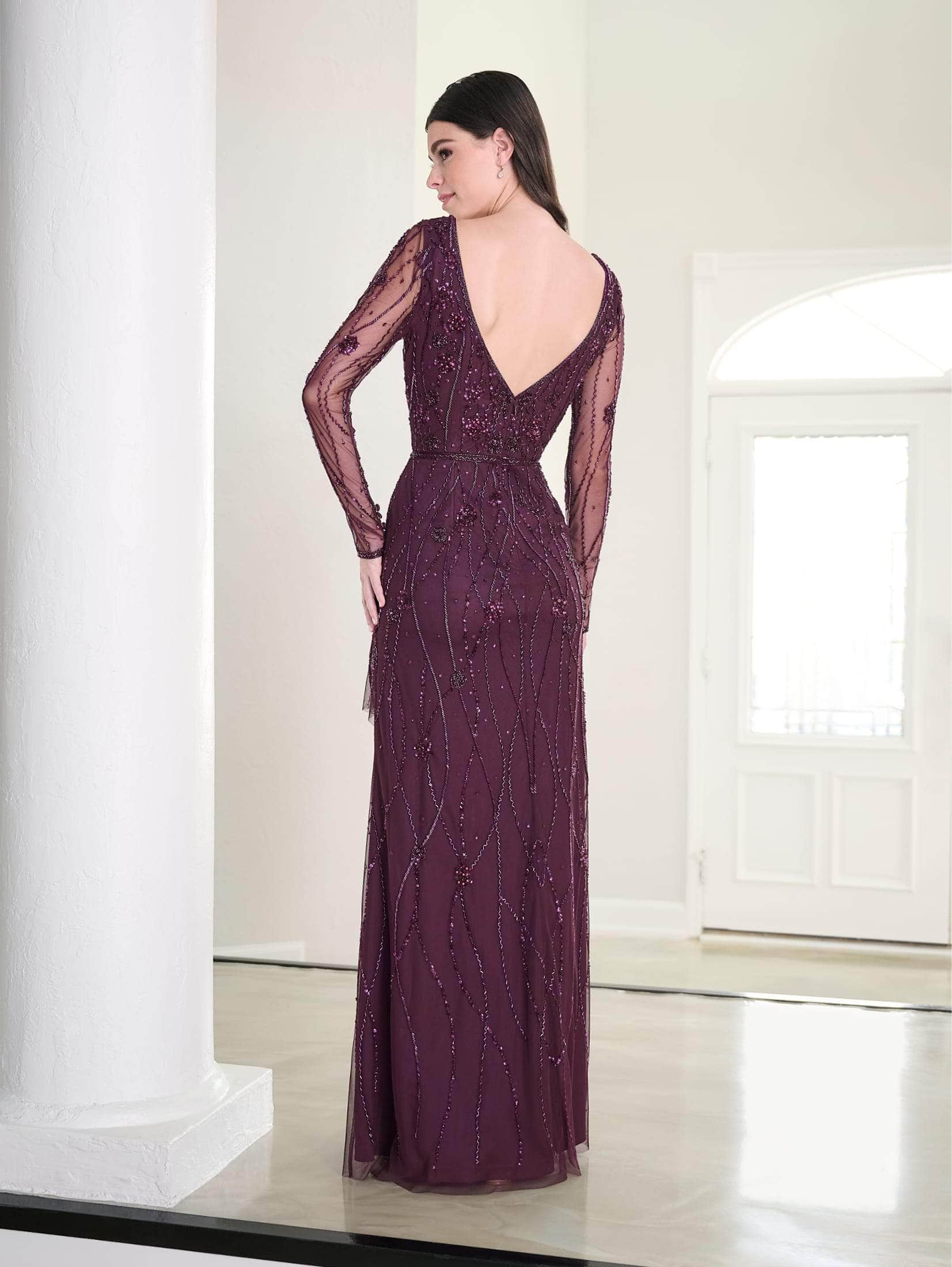 Sheer Long Sleeve Beaded Evening Gown