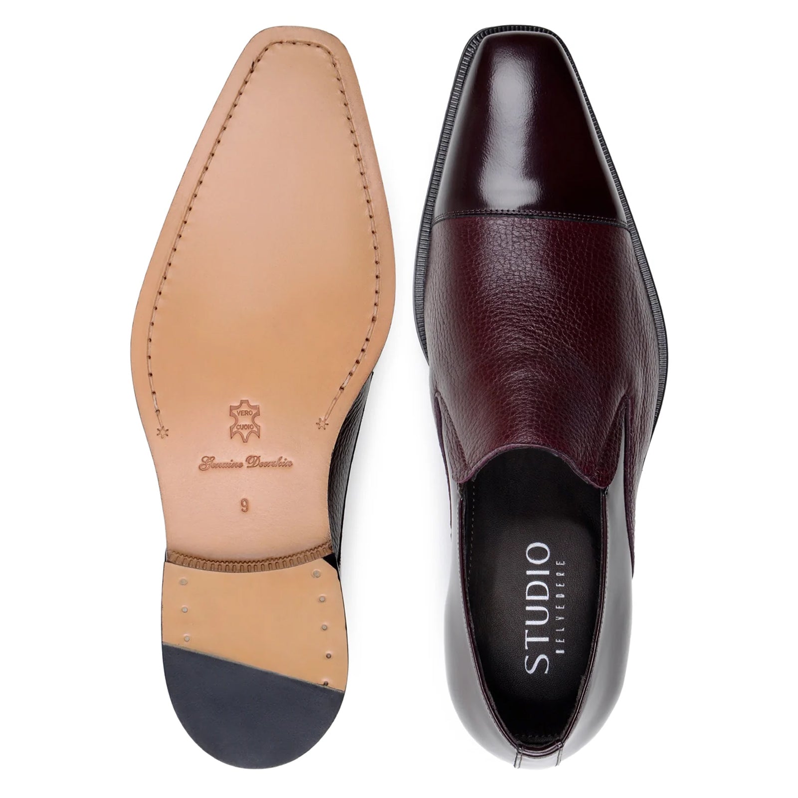 Men’s Belvedere Andreo Italian Deerskin & Nappa Leather Cap Toe Slip On Loafer in Burgundy