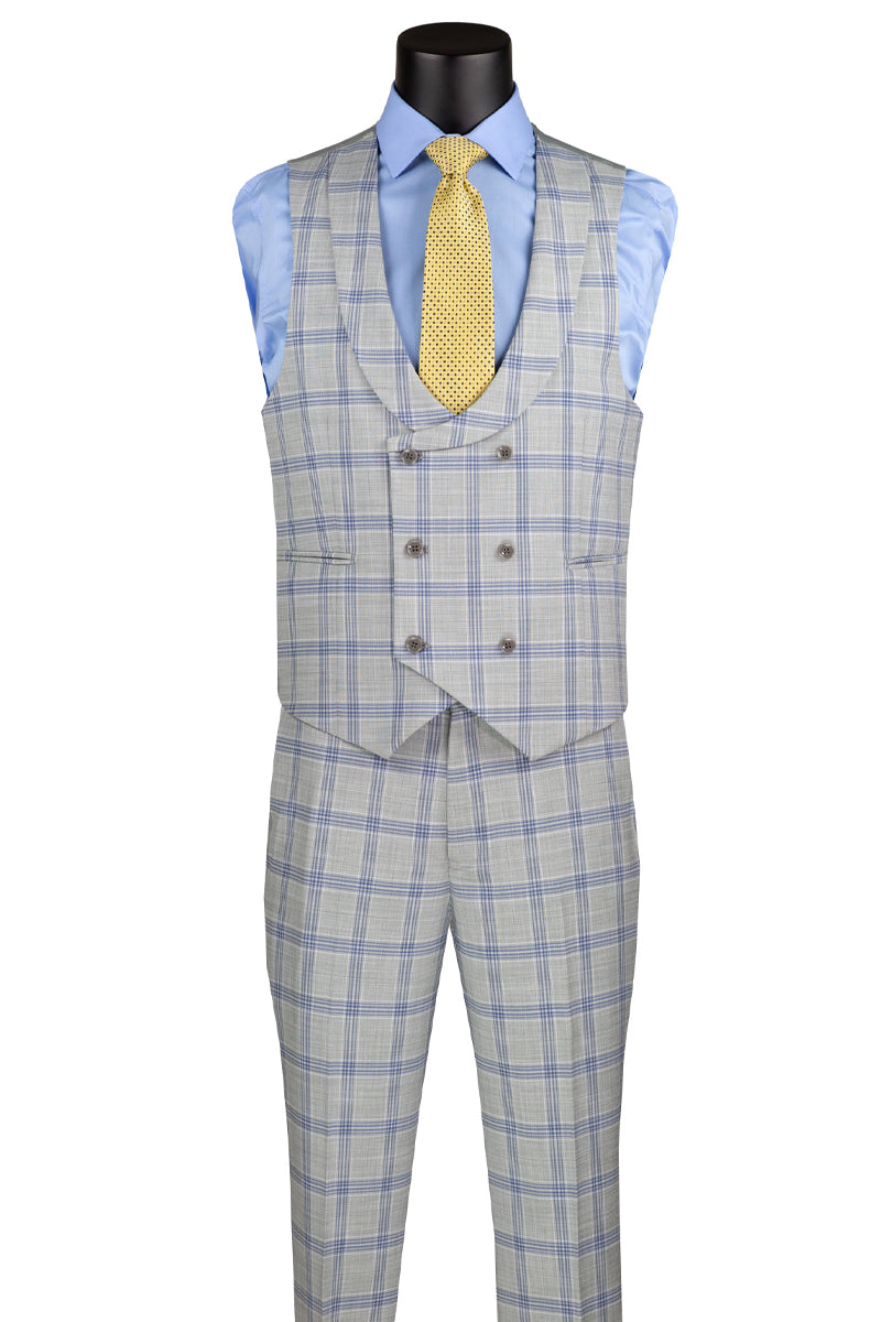 Men’s Summer Windowpane Suit with Double Breasted Vest in Light Grey