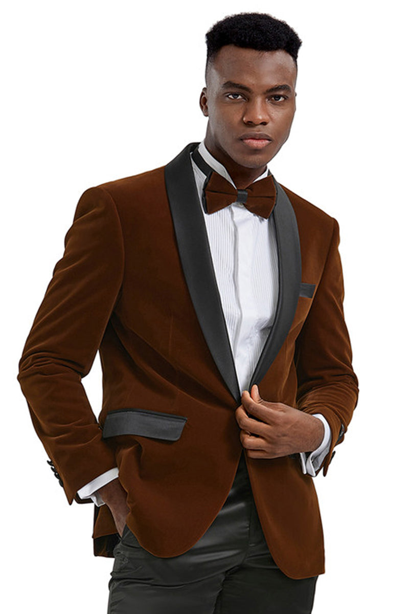 Men’s Slim Fit Shawl Lapel Velvet Wedding & Prom Tuxedo Jacket in Camel Bronze