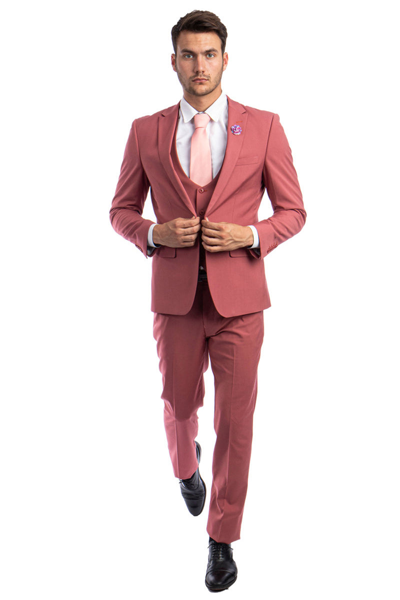 Men’s One Button Peak Lapel Skinny Wedding & Prom Suit with Lowcut Vest in Coral Pink