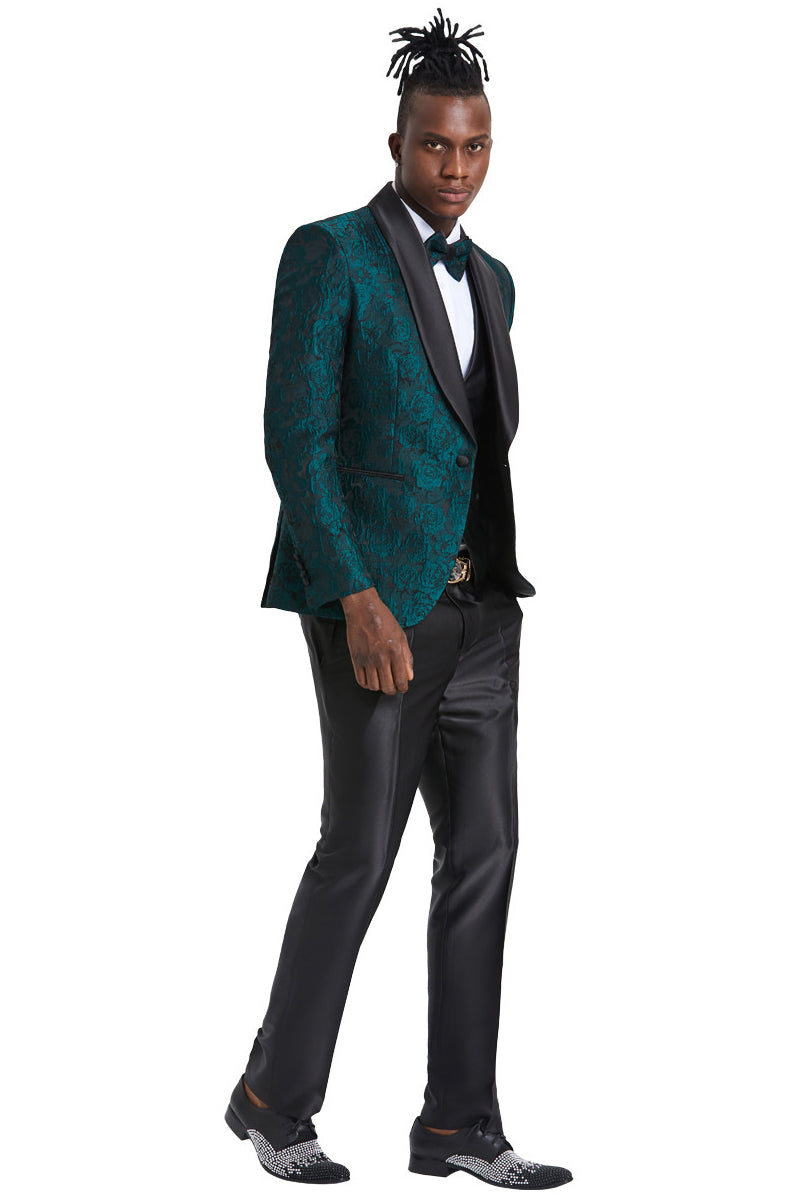 Men’s One Button Slim Fit Shiny Paisley Floral Vested Prom Tuxedo in Hunter Green