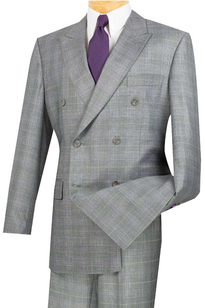 Men’s Modern Fit Double Breasted Suit in Grey Glen Plaid