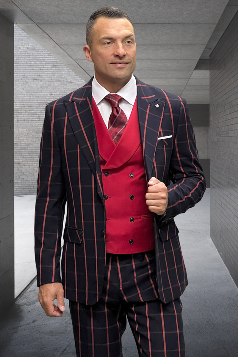 Men’s Designer One Button Peak Lapel Vested Wool Suit in Black & Red Bold Windowpane Plaid