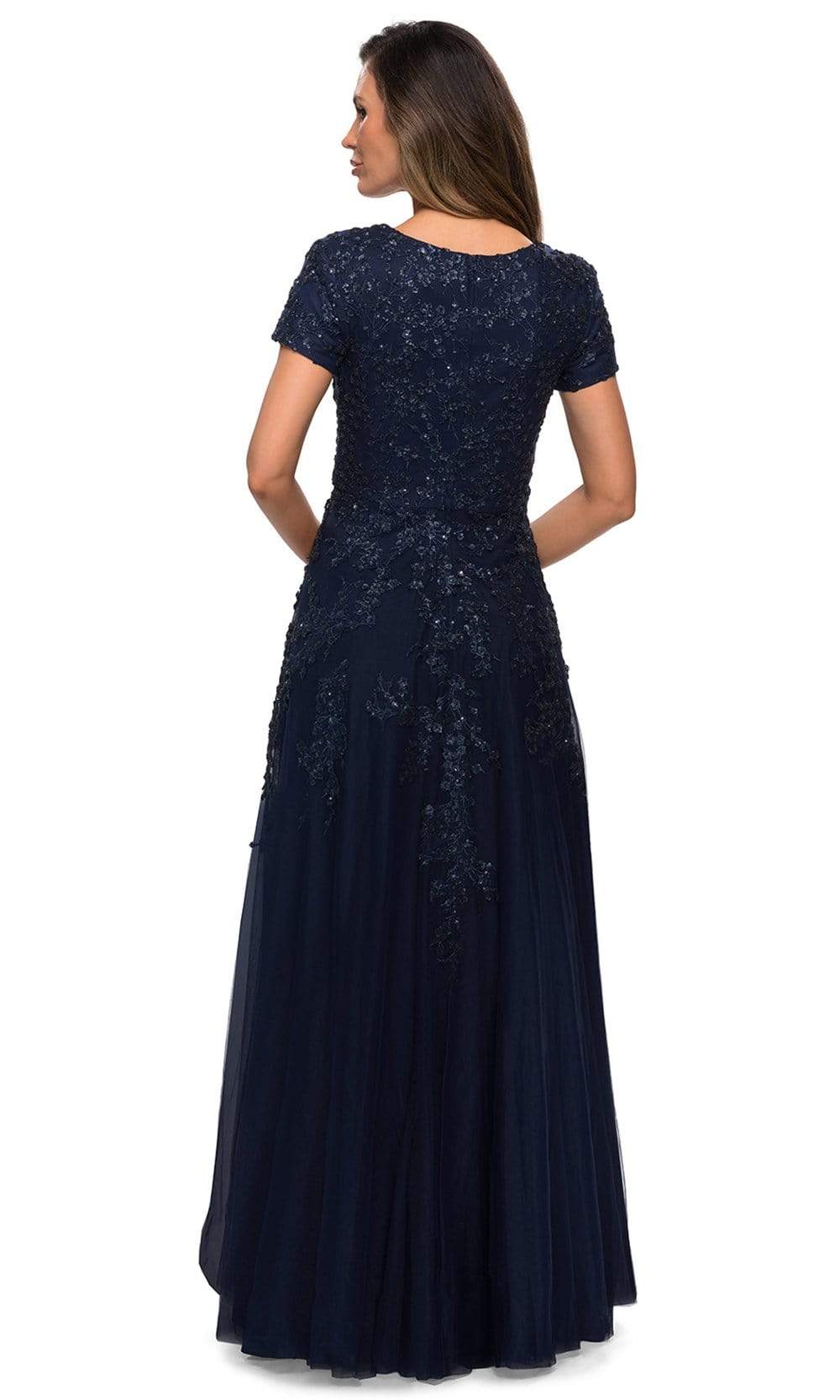 28037 Short Sleeve Beaded Appliqued Lace Dress
