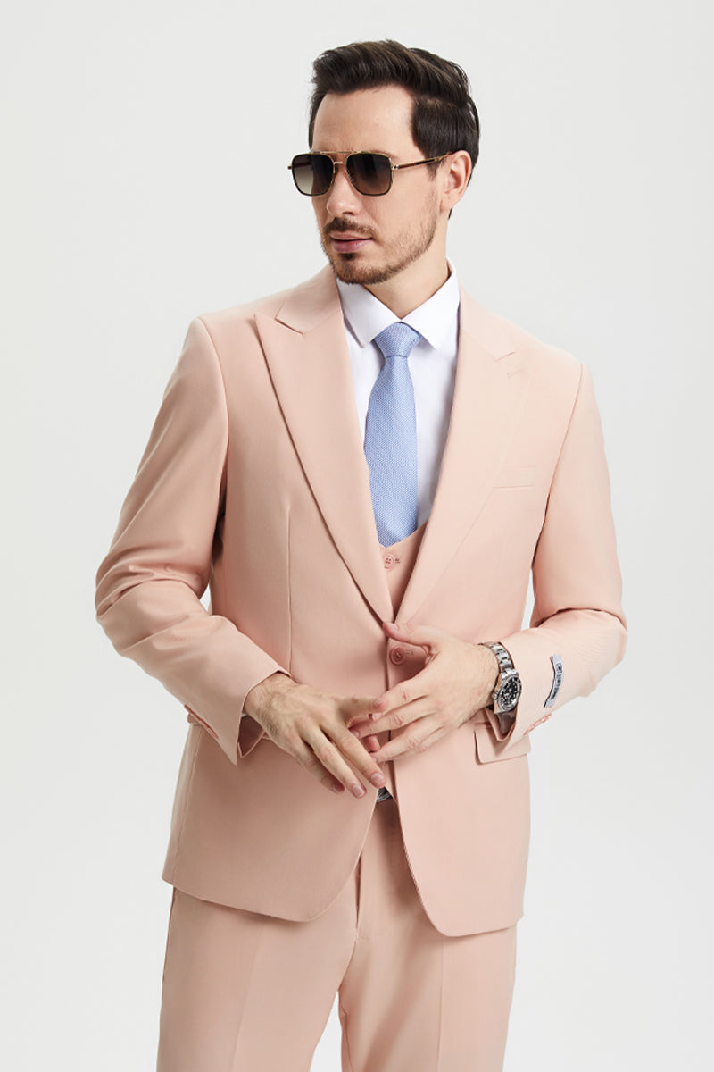 Men’s Vested One Button Peak Lapel Stacy Adams Designer Suit in Blush Pink