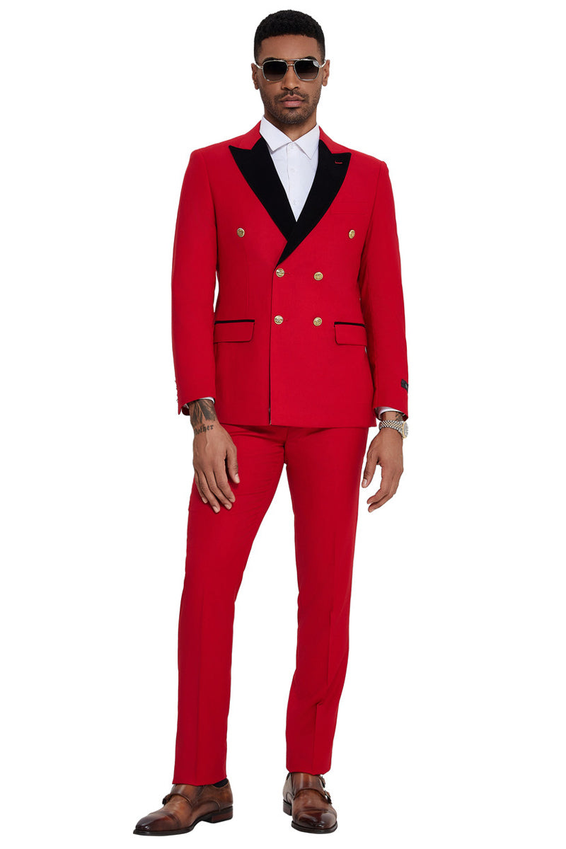 Men’s Double Breasted Wedding Suit with Velvet Peak Lapel and Gold Buttons in Red