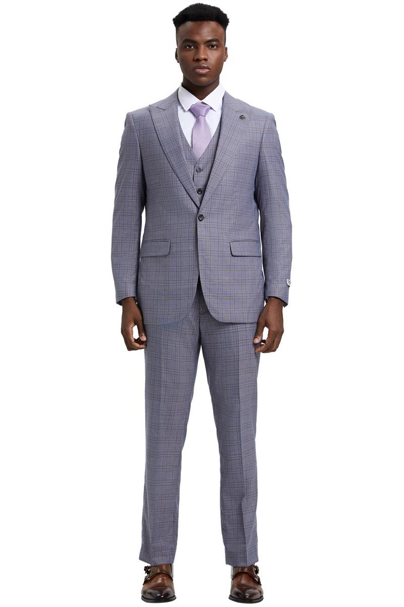 Men’s Stacy Adams Vested One Button Wide Peak Lapel Windowpane Plaid Suit in Light Grey